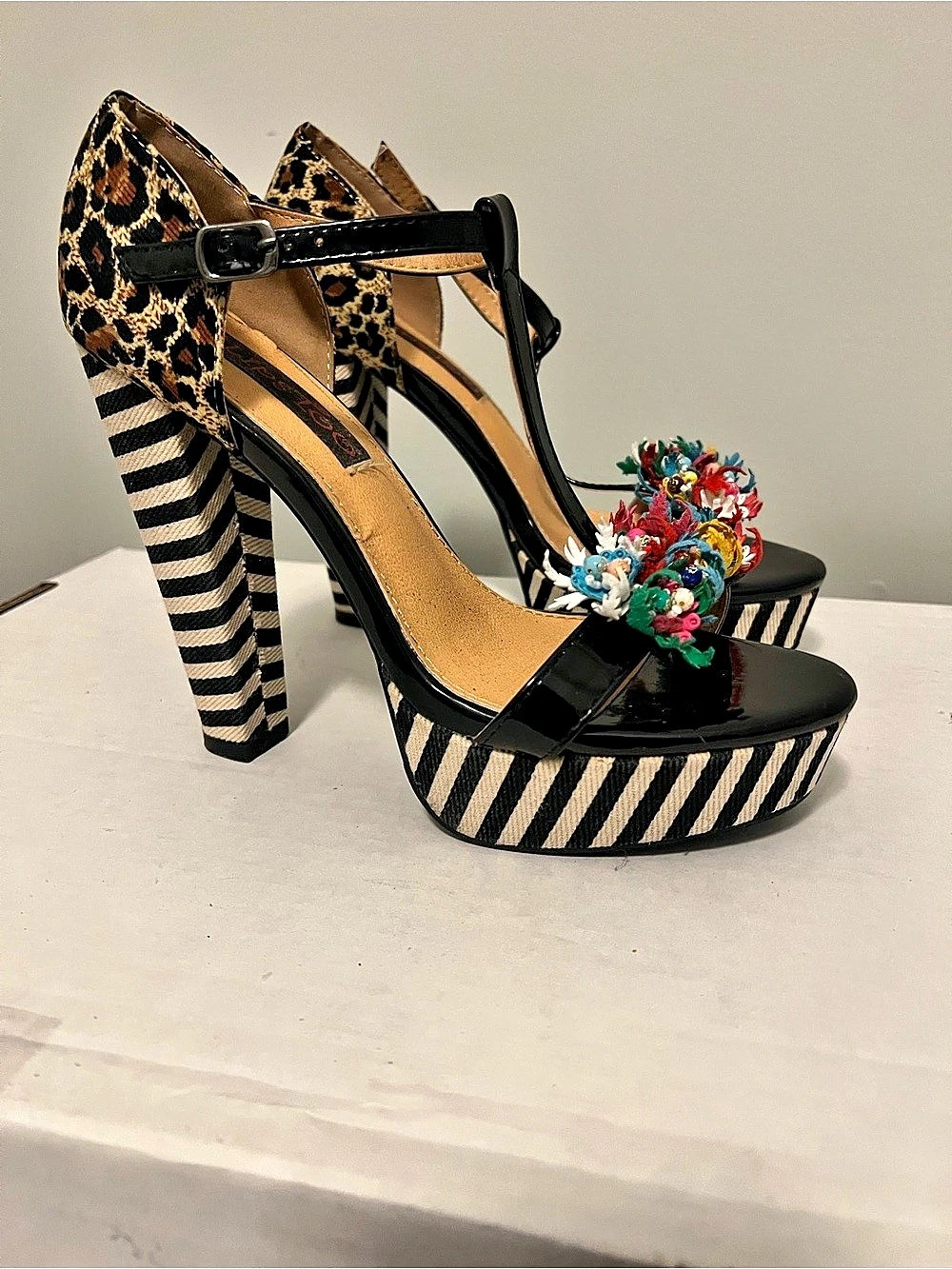 Sergio Rossi Floral Platform Heels in Black/stripe/leopard